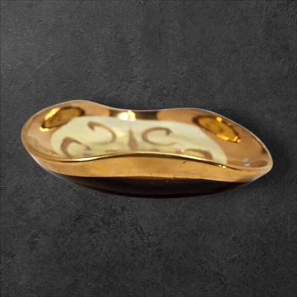 Murano Style Amber Glass Triangle Dish Gold Gilt Hand Painted Flower Trinket MCM - Picture 4 of 5